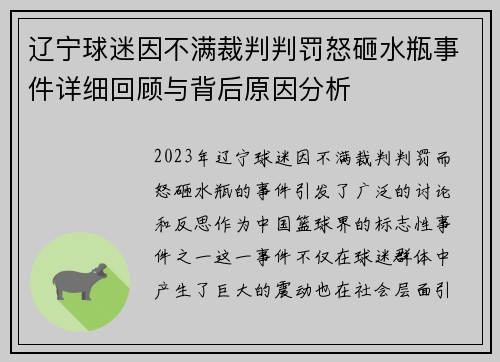 辽宁球迷因不满裁判判罚怒砸水瓶事件详细回顾与背后原因分析 辽宁球迷因不满裁判判罚怒砸水瓶事件详细回顾与背后原因分析